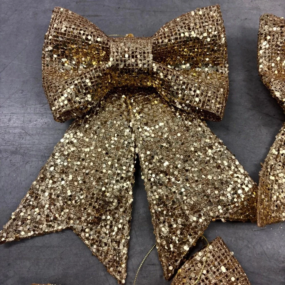 Set of 6 Gold Glitter Christmas Bow Ornaments 9